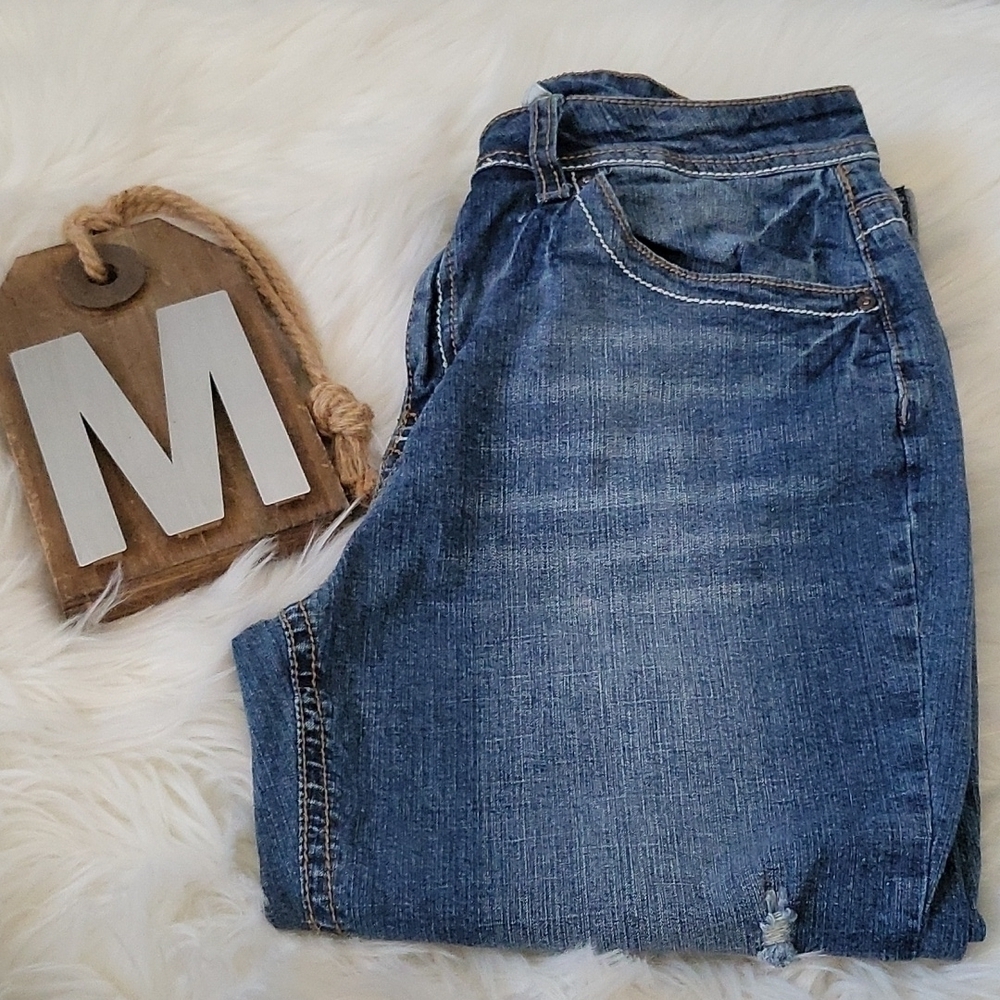 Cato medium wash factory distressed wide faux cuff denim capris